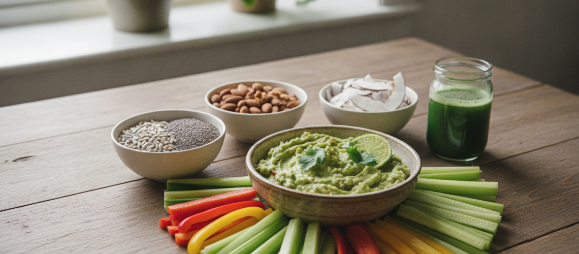 A beautifully arranged selection of Candida-friendly snacks on a rustic wooden table. In the foreground, showcase fresh vegetables like cucumber sticks, bell pepper slices, and celery, artistically displayed alongside a bowl of homemade guacamole. The middle ground features a variety of nuts, seeds, and dried coconut flakes, neatly organized in small ceramic dishes. In the background, soft natural light filters through a nearby window, casting gentle shadows, with a few green plants adding a touch of freshness to the scene. The overall mood is inviting and wholesome, promoting a sense of health and vitality that aligns with gut-friendly eating habits. Ensure the composition is clean and visually appealing, without text or distractions.