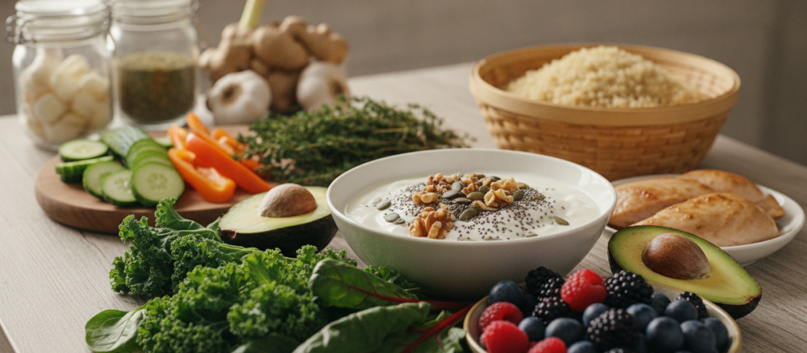 A beautifully arranged table displaying a variety of foods suitable for an effective Candida overgrowth diet plan. In the foreground, vibrant green leafy vegetables, avocados, and colorful berries are elegantly presented. In the middle, a bowl of coconut yogurt topped with nuts and seeds sits next to gluten-free grain options, like quinoa and brown rice, all against a clean, minimalist backdrop of wooden textures and soft, natural light. In the background, a gentle bokeh effect captures kitchen herbs like garlic and ginger, emphasizing a wholesome cooking atmosphere. The scene should evoke a sense of health, balance, and natural living, with soft, warm lighting enhancing the freshness of the ingredients. No people are present, allowing the focus to remain on the nourishing foods.