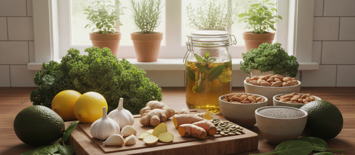 A bright, inviting kitchen scene showcasing a variety of natural ingredients for preventing candida overgrowth. In the foreground, a wooden cutting board holds fresh garlic cloves, ginger, and turmeric, surrounded by vibrant fruits and vegetables like avocados, lemons, and leafy greens. In the middle, a glass jar filled with herbal tea and small bowls of nuts and seeds create a healthy atmosphere. The background features a sunlit window with potted herbs, enhancing the natural feel. Soft, warm lighting illuminates the entire scene, creating an uplifting and health-conscious mood. The image should be photographed from a slightly elevated angle, focusing on the rich textures and colors of the ingredients, inviting viewers to embrace a lifestyle of wellness and nutrition.
