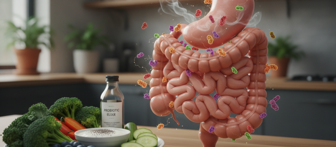 A close-up view of a human digestive system is showcased, emphasizing the stomach and intestines. The stomach is depicted with subtle ethereal wisps to represent bloating, and small, colorful candida yeast organisms are illustrated surrounding it to convey the connection to bloating. In the foreground, a contrasting healthy food plate, filled with vegetables and probiotics, symbolizes gut health. The background features a soft-focus of a serene kitchen ambiance with warm lighting, evoking a sense of wellness. The angle is slightly tilted to create depth, and the tone is informative yet calming, helping the audience visualize the interaction between candida and digestive health in a professional and respectful manner.