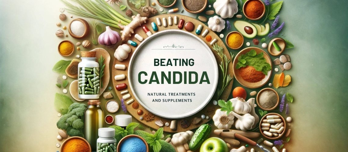 A creative blog banner design for an article about combating Candida with natural treatments and supplements. The design should feature elements like