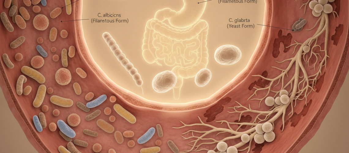 A detailed anatomical illustration of Candida overgrowth in the human gut, emphasizing the unique structure of the gut microbiome. The foreground features a close-up of healthy intestinal walls on one side, seamlessly transitioning to sections depicting Candida fungi overgrowth with clear visual contrasts. In the middle layer, include various types of Candida organisms, intricately detailed, showcasing their filamentous and yeast forms. The background should display a soft-focus diagram of the digestive system, with subtle shading to add depth. Use warm, soft lighting to create an informative yet clinical atmosphere, enhancing the educational quality. The overall mood should be professional and enlightening, aiming to foster understanding and awareness of gut health.