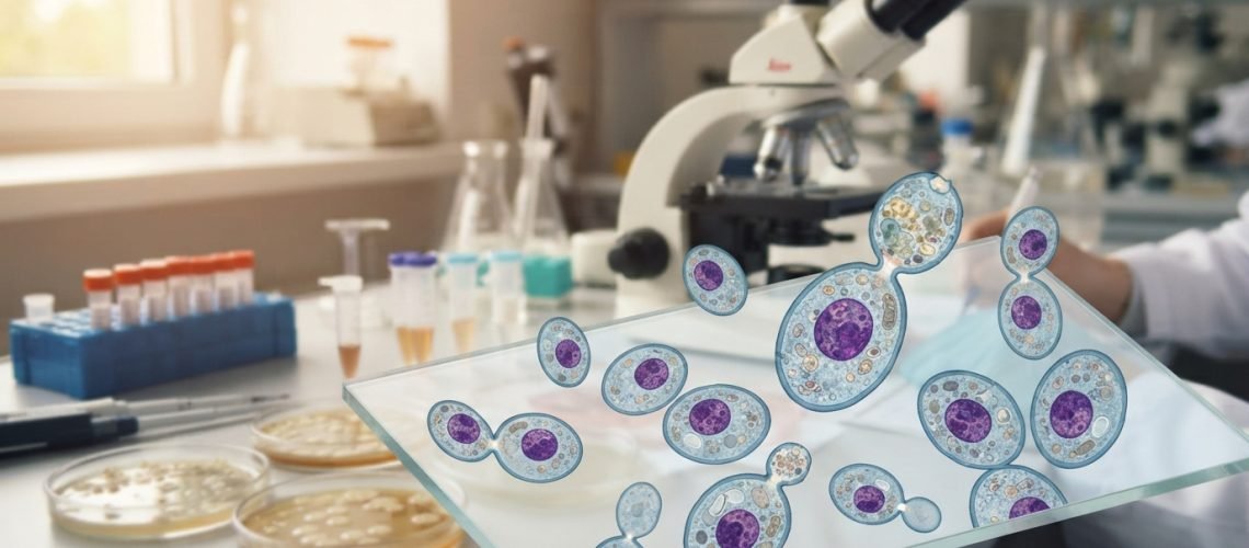A detailed illustration of Candida glabrata, showcasing its morphology and cellular structure. In the foreground, several yeast cells are depicted with a focus on their distinctive elliptical shape and budding process, showcasing fine details like cell walls and internal organelles. The middle ground features a blurred scientific laboratory setting, complete with petri dishes and microscopy equipment to create context, while the background is subtly lit with soft focus, hinting at a research environment. Natural light filters in, illuminating the scene with a warm, inviting glow to create an atmosphere of scientific exploration and discovery. The overall mood is informative and engaging, tailored for readers eager to learn about this unique yeast.