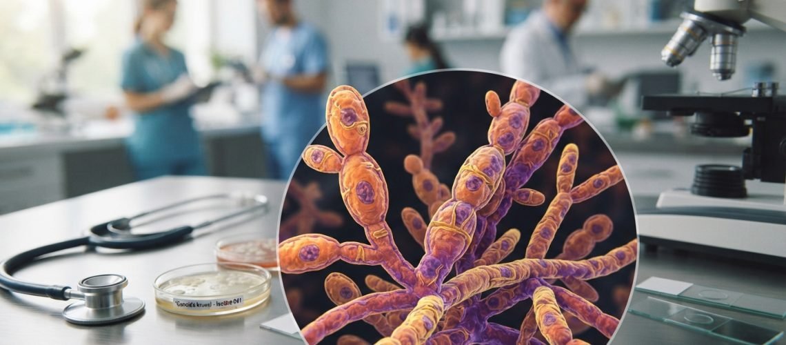 A detailed illustration of Candida krusei, focusing on its microscopic structure, positioned prominently in the foreground. The fungal organism is depicted in vibrant colors, with intricate details showcasing its yeast-like formation and hyphal growth. In the middle ground, include elements symbolizing healthcare, such as a stethoscope and petri dishes, representing its clinical significance. The background features a softly blurred hospital setting, conveying an atmosphere of health and research. Utilize soft, natural lighting to enhance clarity and depth, and a slightly low-angle perspective to emphasize the subject matter. The overall mood should be informative and professional, aimed at providing a comprehensive health overview of Candida krusei.