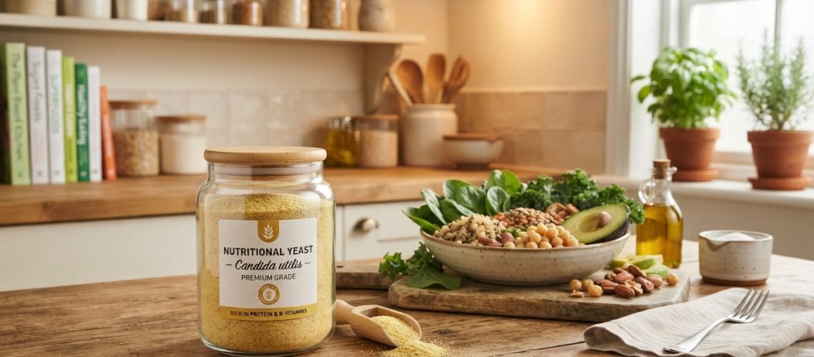 A detailed illustration of Candida utilis, a yeast known for its nutritional benefits, set in a cozy kitchen environment. Foreground: a close-up of a jar containing Candida utilis granules, demonstrating its texture and appearance. Middle ground: a wooden table scattered with fresh ingredients, such as leafy greens, grains, and legumes, showcasing a balanced diet impacted by this yeast. Background: a softly lit kitchen with shelves displaying healthy cookbooks and kitchen utensils, radiating warmth and health. The overall mood is inviting and educational, emphasizing the nutritional importance of Candida utilis in modern diets. Use natural lighting to create a bright atmosphere, with a slightly blurred background to focus on the foreground details, captured from a slightly elevated angle for depth.