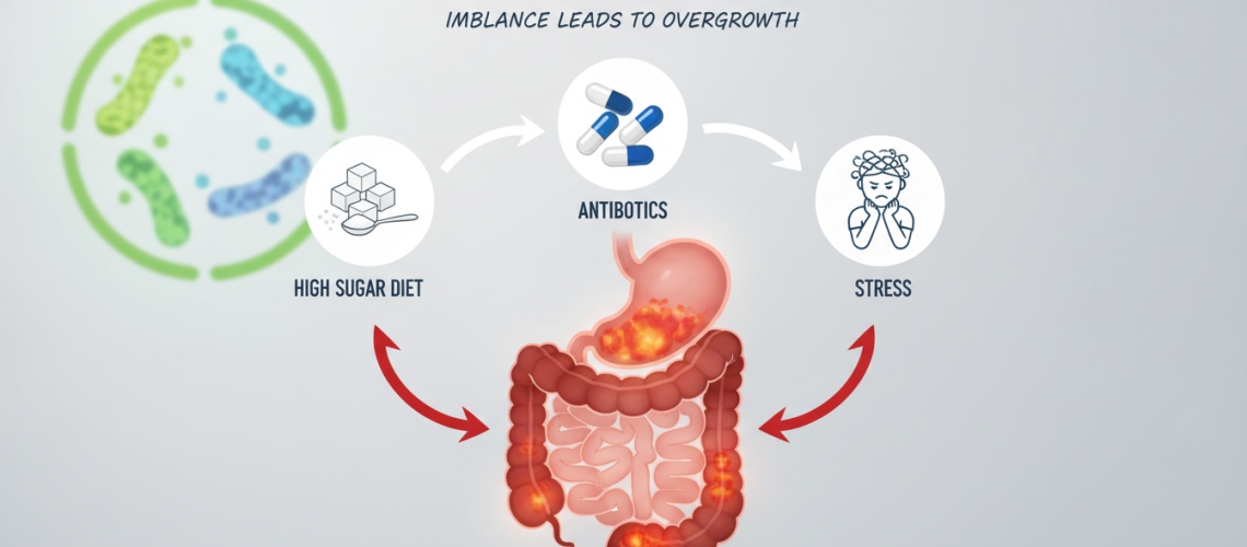 A detailed illustration of the primary causes of Candida overgrowth, featuring a clean, modern infographic style. In the foreground, a stylized representation of a human digestive system, with highlighted areas showing imbalance due to factors like high sugar diets, antibiotics, and stress. The middle layer presents visual icons for each cause, such as sugar cubes, antibiotic pills, and a stressed figure, all interconnected with arrows. In the background, a soft-focus depiction of a balanced microbiome graphic, symbolizing harmony. Use natural lighting to convey clarity, with a focus on vibrant colors to capture attention and create a sense of urgency. The overall mood should be informative and engaging, suitable for readers seeking health insights.