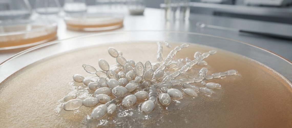 A detailed scientific illustration of the Candida lusitaniae fungus, showcasing its characteristic morphology such as budding yeast cells and filamentous structures. In the foreground, depict a cluster of yeast cells with a glossy appearance under bright laboratory lighting, highlighting the cell wall texture and surrounding biofilm matrix. In the middle ground, add a subtle gradient that transitions from a light to a darker background, representing a microbiological culture medium. The background should feature a soft-focus of a laboratory workspace, hinting at petri dishes and sterile equipment, creating a clinical atmosphere. Use a macro lens effect to enhance the detail of the fungal structures while maintaining a clean, professional look, evoking a mood of scientific inquiry and research. No text or watermarks present.