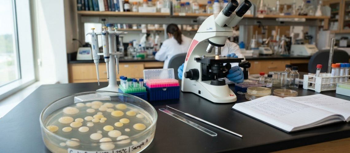 A detailed scientific study setting featuring "Candida kefyr" yeast. In the foreground, a petri dish with visible yeast colonies emerging in various colors, including white, cream, and light yellow, representing the microbial growth. In the middle ground, a modern laboratory bench with lab equipment such as pipettes, test tubes, and a microscope, all arranged neatly. The background has a softly blurred image of a laboratory, with shelves holding scientific books and glass containers. The lighting is bright and natural, highlighting the clarity of the yeast colonies, while the overall mood is clinical and professional, conveying a sense of research and exploration in microbiology.