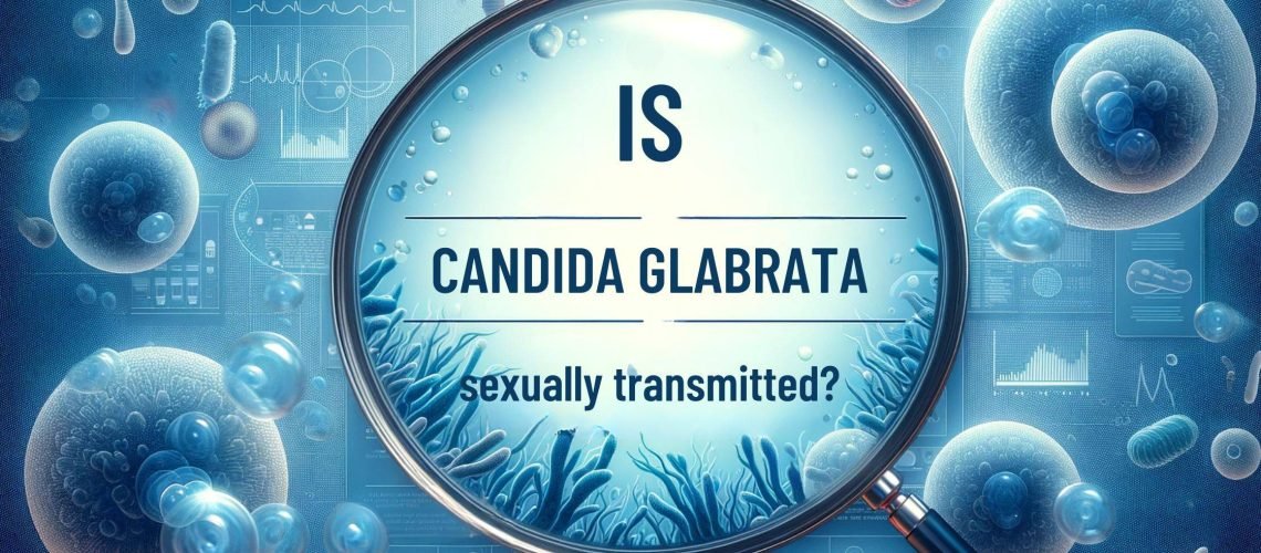 A professional and informative blog banner for a health-related website, featuring the title 'Is Candida Glabrata Sexually Transmitted_'. The banner s