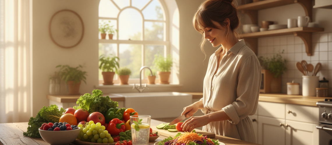A serene and inviting kitchen scene bathed in soft, natural light. In the foreground, a wooden table is adorned with fresh fruits and vegetables, symbolizing a healthy diet. A glass of water with lemon sits beside a colorful plate filled with vibrant salads. In the middle ground, a woman in modest casual clothing joyfully prepares a meal, embodying vitality and recovery. She has a relaxed smile as she consults a recipe book, showcasing a moment of wellness and hope. The background features a cozy window with potted herbs, allowing sunlight to stream in, enhancing the feeling of warmth and positivity. The overall mood conveys a sense of rejuvenation and well-being, highlighting the signs of Candida recovery.