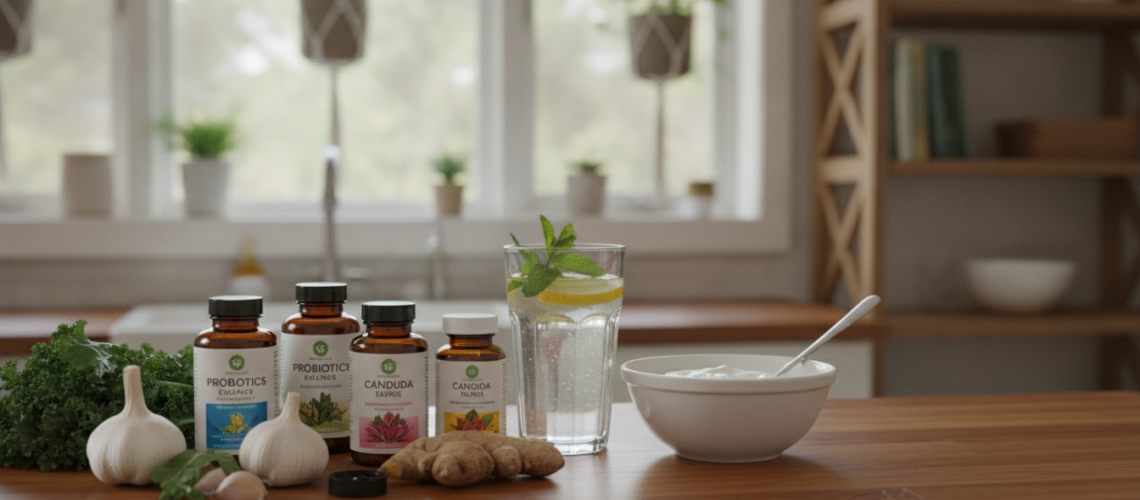 A serene and inviting kitchen setting, highlighting an array of Candida supplements arranged on a wooden countertop. In the foreground, close-up shots of supplements like probiotics and herbal capsules are neatly displayed alongside fresh ingredients like garlic, ginger, and leafy greens. In the middle ground, a glass of water infused with lemon and mint sits adjacent to a small bowl of yogurt, emphasizing digestive health. The background showcases a softly lit kitchen space with plants and a wooden shelf filled with health-related books, creating a warm, natural atmosphere. The lighting is bright and airy, evoking a sense of wellness and vitality, captured from a slightly elevated angle to provide depth and focus.