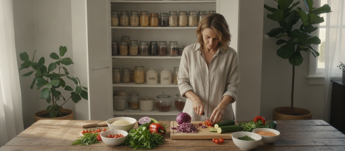 A serene kitchen environment, with a window allowing soft, natural light to filter in, illuminating a wooden dining table. In the foreground, a middle-aged woman in modest casual clothing is preparing a colorful, healthy meal, showcasing vibrant vegetables and herbs symbolizing balanced nutrition after candida treatment. In the middle background, a well-organized pantry filled with jars of wholesome grains and spices suggests a focus on healthy eating. Soft green plants are in the corners, adding freshness. The mood is calm and focused, emphasizing wellness and a positive vibe. Composition is shot slightly from above, capturing the woman's concentration and the inviting kitchen atmosphere, evoking a sense of peace and health.