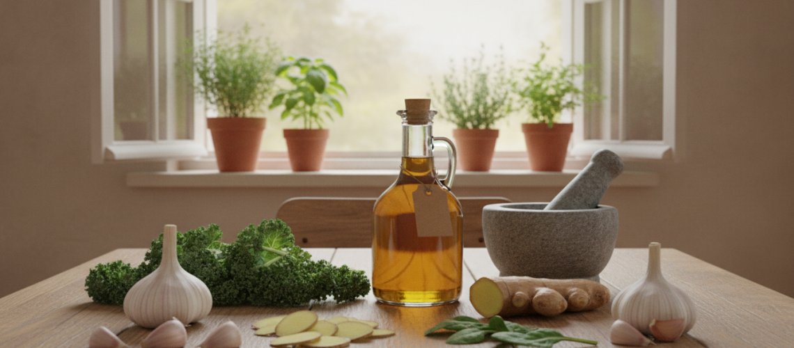 A serene kitchen scene illuminated by soft, warm light, featuring a wooden table adorned with natural ingredients known for their antifungal properties. In the foreground, fresh garlic cloves, sliced ginger, and vibrant green leafy vegetables are arranged artistically, symbolizing natural remedies. In the middle ground, an elegant glass jar filled with apple cider vinegar and labeled as a health tonic, alongside a mortar and pestle. In the background, a sunlit window displays a lush herb garden with basil, oregano, and thyme, signifying holistic approaches to wellness. The atmosphere is calm and inviting, evoking a sense of holistic health and natural healing methods. The composition should focus on the beauty of these natural elements while capturing their essence without any human figures or text overlays.