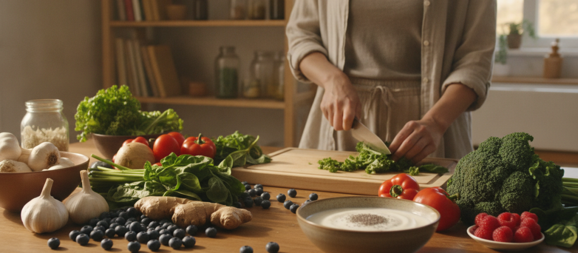 A serene kitchen setting, showcasing a wooden table adorned with an array of fresh, vibrant fruits and vegetables known for promoting gut health, including garlic, ginger, and leafy greens. In the foreground, a well-organized bowl of probiotics, like yogurt and kefir, glistening under soft, natural lighting. The middle ground features a health-conscious individual, dressed in modest, casual clothing, thoughtfully preparing a wholesome dish. In the background, softly blurred shelves display natural health books and herbal supplements, creating an inviting, educational atmosphere. The overall mood is calm and uplifting, emphasizing natural well-being and balance, with warm tones enhancing the feeling of health and vitality.