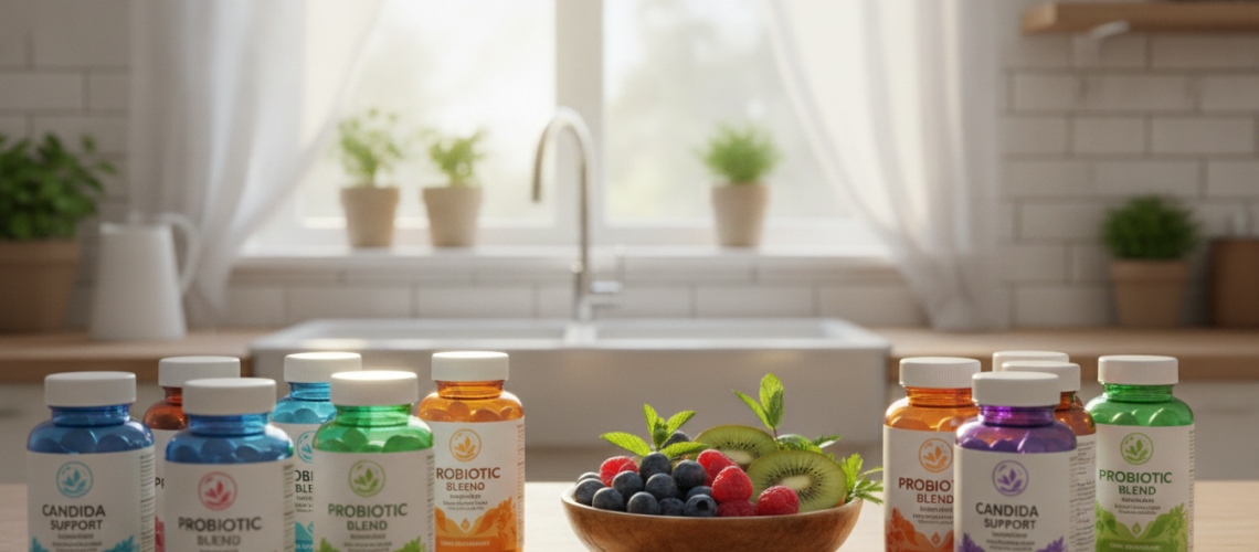 A tranquil kitchen countertop scene, showcasing an array of colorful probiotic supplements specifically designed to combat candida overgrowth. In the foreground, an assortment of labeled bottles with vibrant, natural designs, featuring ingredients like lactobacillus and bifidobacterium. The middle layer includes a small bowl of fresh fruits like berries and kiwi, symbolizing health and vitality, alongside green leafy herbs. In the background, soft natural sunlight filters through a window, casting a warm glow on a serene, clean kitchen environment. The overall atmosphere conveys wellness and hope, inviting readers to explore solutions for gut health. Use a shallow depth of field to create a soft focus effect on the background, emphasizing the foreground subjects.