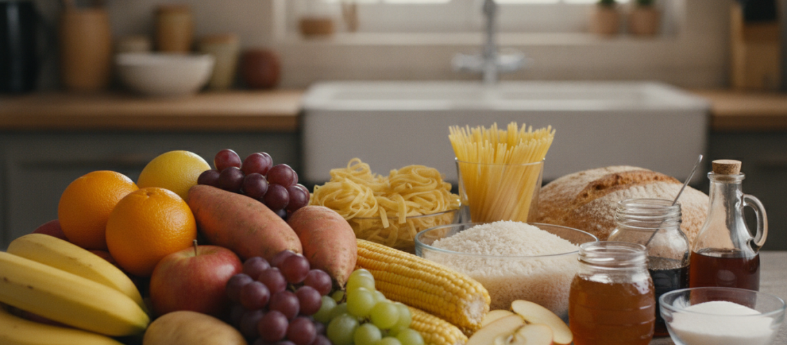 A vibrant and detailed arrangement of common foods that are known to feed Candida. In the foreground, showcase a variety of colorful fruits such as bananas, grapes, and oranges, along with starchy vegetables like potatoes and corn. In the middle ground, include grains like bread, pasta, and rice, accompanied by sweeteners like honey and syrup. In the background, softly blurred, a kitchen setting with natural light filtering through a window, creating a warm and inviting atmosphere. Use a shallow depth of field to emphasize the foods while keeping the background subtly visible. The overall mood should convey a sense of awareness about diet and health, focusing on the potential impact of these foods.