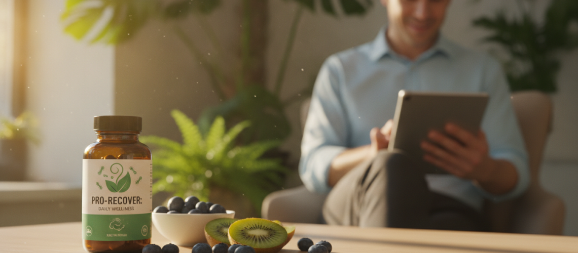 A vibrant and engaging scene illustrating the concept of "Probiotics for Recovery." In the foreground, feature an elegant bottle of probiotics, its label adorned with natural imagery, sitting atop a wooden table. Beside it, fresh fruits like blueberries and kiwi, symbolizing health and vitality. In the middle ground, show a serene, blurred image of a person in business casual attire, smiling and engaging with a digital device, conveying active recovery. The background includes soft, green plants and gentle sunlight filtering through a window, creating a warm and inviting atmosphere. The overall mood is uplifting and inspiring, emphasizing wellness and recovery. Use soft, natural lighting to enhance the freshness of the scene.
