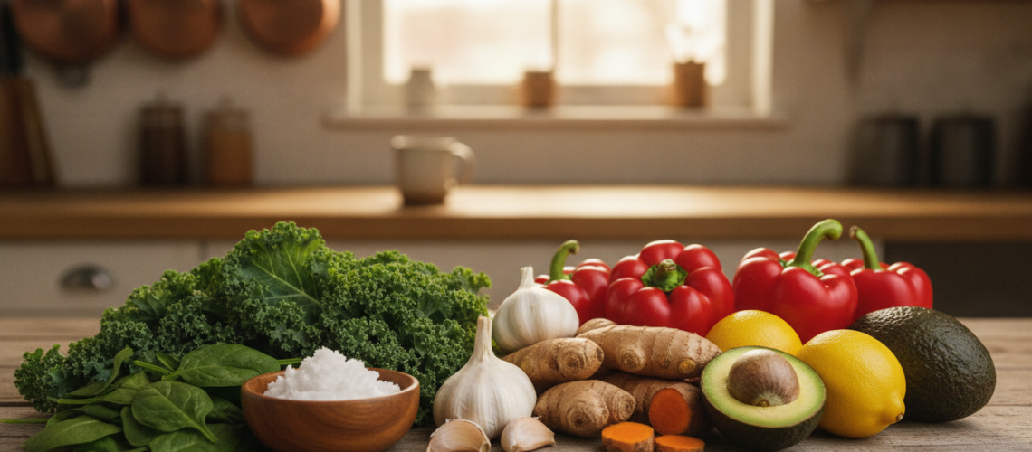 A vibrant, appealing display of top antifungal foods for candida, featuring a selection of garlic cloves, fresh ginger, organic turmeric, and ripe avocados arranged artistically on a rustic wooden table. In the foreground, include a small bowl of coconut oil and some green leafy vegetables like spinach and kale, emphasizing their natural textures. In the middle, focus on a few bright red bell peppers and lemons to add a pop of color. The background should softly blur the outlines of a cozy kitchen setting with warm, natural light illuminating the scene, creating a welcoming atmosphere. Capture the image from a slightly elevated angle to showcase the arrangement clearly, ensuring that the food items are the focal point without any distractions. Overall, evoke a sense of health and wellness.