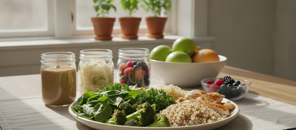 A vibrant, inviting kitchen table setting filled with a variety of healthy foods ideal for a Candida cleanse recovery. In the foreground, a neatly arranged platter of fresh vegetables like spinach, kale, and broccoli, alongside some light protein options such as grilled chicken and quinoa. In the middle ground, glass jars of homemade nut butter, fermented vegetables, and a bowl of assorted berries reflect nourishment and vitality. The background features a softly lit window with natural light flowing in, casting gentle shadows, and potted herbs like basil and parsley adding a touch of freshness. The atmosphere conveys a sense of health and rejuvenation, creating a warm and welcoming environment that inspires wholesome eating. The image composition utilizes a shallow depth of field, focusing on the vibrant foods while softly blurring the background, enhancing the overall appeal.