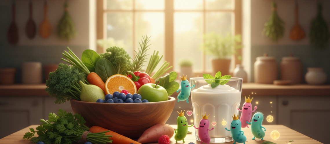 A vibrant, visually engaging illustration to represent "Indicators of gut microbiome healing." In the foreground, show a diverse array of colorful fruits, vegetables, and herbs, symbolizing a healthy diet. In the middle ground, depict a serene, glass of probiotic-rich yogurt surrounded by sprigs of fresh mint and friendly bacteria characters that appear nurturing and joyful. In the background, create a soft-focus kitchen setting filled with sunlight, hinting at a clean, cozy environment. The atmosphere is uplifting and rejuvenating, suggesting vitality and wellness. Use soft, natural lighting to enhance the warmth and friendliness of the scene. The composition should feel harmonious and inviting, capturing the essence of gut health recovery without any text or distractions.