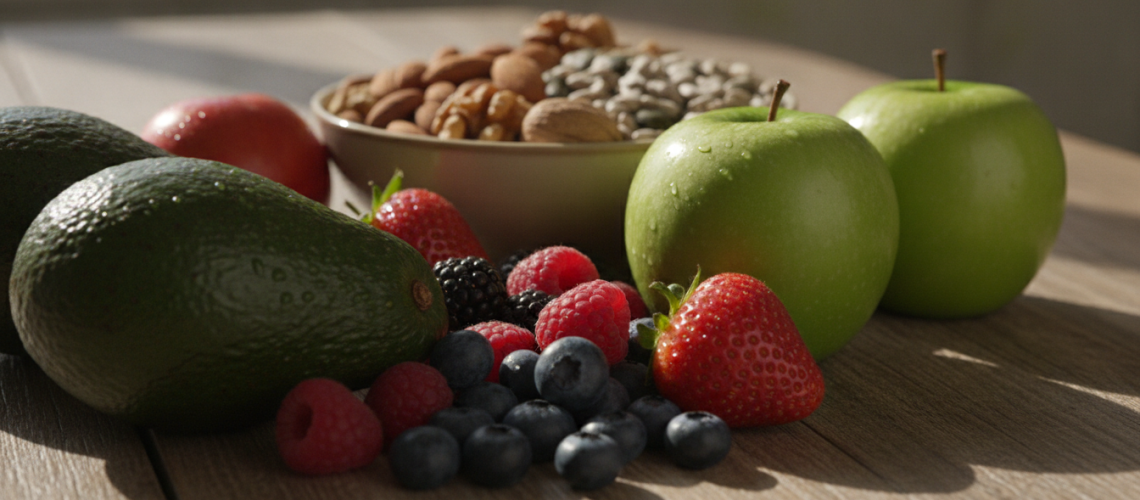 A vibrant, well-organized display of fresh fruits suitable for a Candida diet, including avocados, berries, and green apples, artfully arranged on a rustic wooden table. In the foreground, a close-up view captures the textures and colors of the fruits, with droplets of water glistening on their surfaces. In the middle ground, a gently blurred bowl of nuts and seeds complements the fruits, suggesting healthy snack choices. The background features soft natural light, filtering through a nearby window, creating an inviting and warm atmosphere. The overall mood is fresh and healthy, emphasizing a balanced lifestyle. The scene is serene and focused, drawing attention to the nutritious fruit choices.