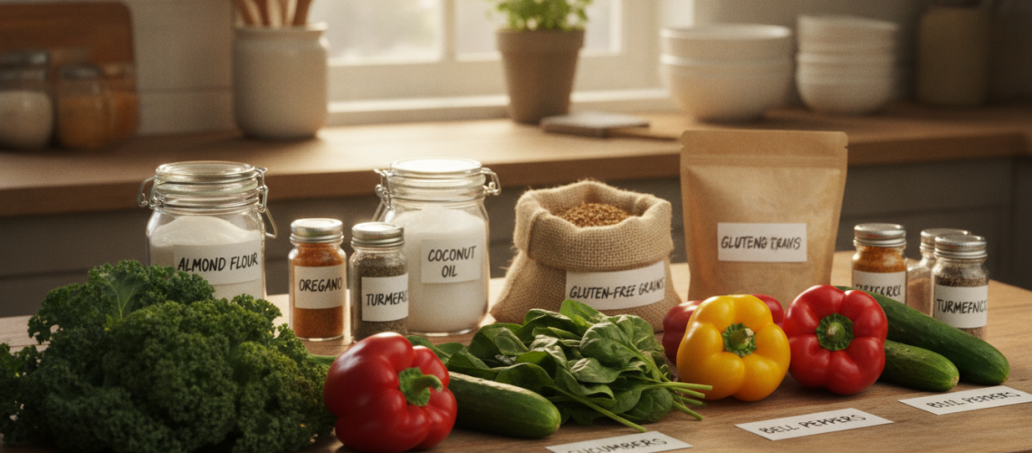 A visually appealing grocery list spread showcasing essential items for a Candida diet, arranged on a wooden kitchen table in a warm, inviting light. In the foreground, vibrant vegetables like leafy greens, cucumbers, and bell peppers are meticulously labeled in neat handwriting. In the middle, containers of almond flour, coconut oil, and gluten-free grains are prominently displayed, along with jars of herbs and spices like oregano and turmeric. The background hints at a cozy, well-organized kitchen, with soft natural lighting filtered through a window, casting gentle shadows. The atmosphere is wholesome and nurturing, conveying a sense of health and wellness. The scene is captured with a slightly elevated angle to create depth, focusing on the colorful array of ingredients without any text or distractions.