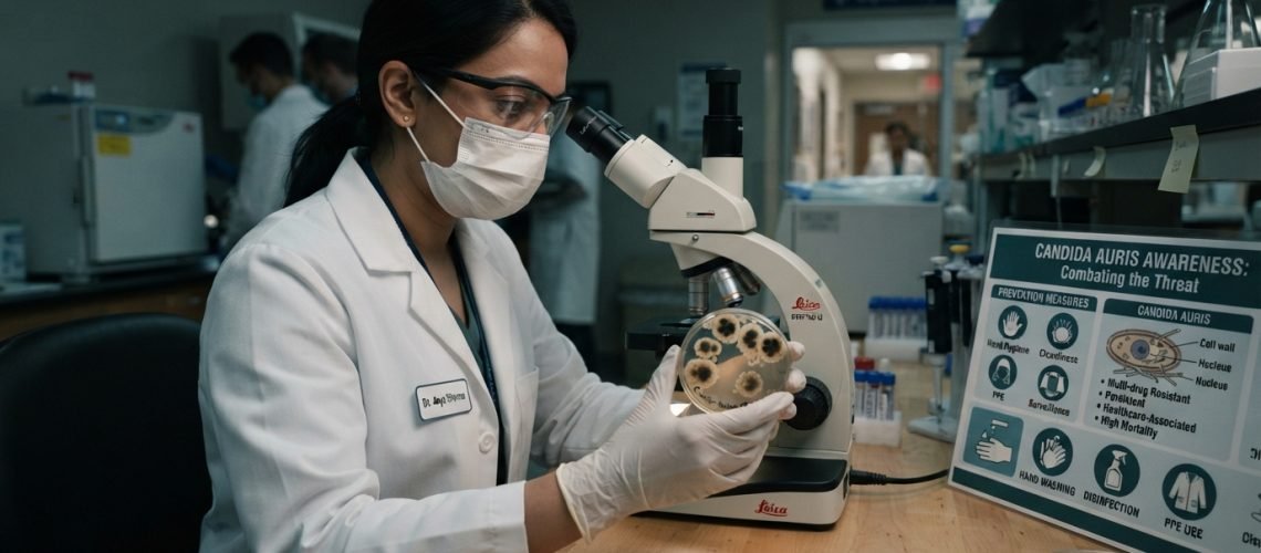 A visually striking illustration depicting the theme of "Candida auris awareness." In the foreground, a healthcare professional in a lab coat and protective gloves examines a petri dish displaying colonies of the Candida auris fungus, highlighting its unique morphology. The middle ground features informative graphics, such as a stylized representation of the fungal structure and infographics about prevention measures, including hand hygiene and cleanliness. The background includes a clinical setting with sterile medical equipment and a faint hospital environment, dimly lit to create a serious and urgent mood. The overall color palette should incorporate muted greens and blues to evoke a sense of calm and professionalism, while the lighting subtly emphasizes the importance of awareness and vigilance in combating this health threat.