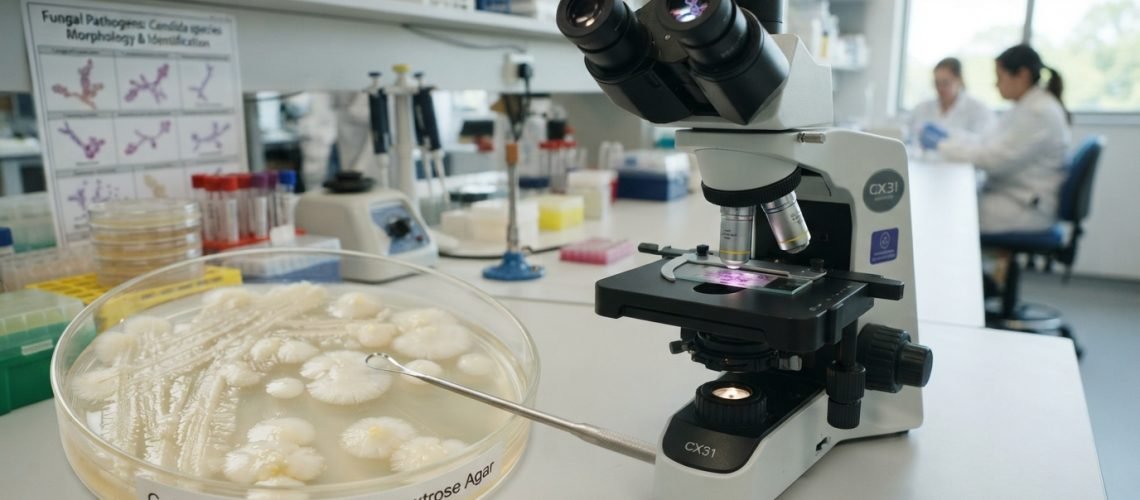 An overview of Candida tropicalis, featuring a close-up view of its distinct morphology in a clinical laboratory setting. The foreground showcases a petri dish with a culture of Candida tropicalis, exhibiting its creamy white colonies intertwined with slight yellow hues for realism. In the middle ground, a microscope is positioned, with a focused lens capturing the fungal structure, including budding yeast cells and hyphal elements. The background presents a softly blurred laboratory with equipment and charts related to fungal infections, demonstrating a modern medical atmosphere. The lighting is bright but soft, emphasizing clarity and professionalism. The mood is informative and clinical, suitable for a scientific exploration of symptoms and treatment related to Candida tropicalis.